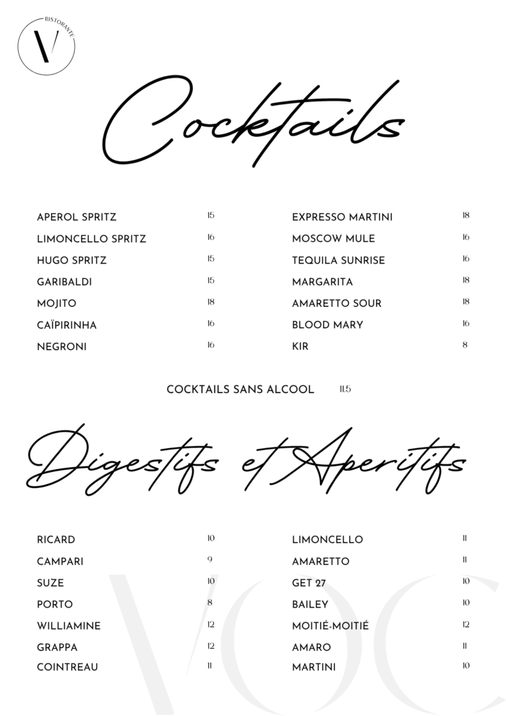Carte des vins italiens cocktails et boissons Vino Olio Caffè