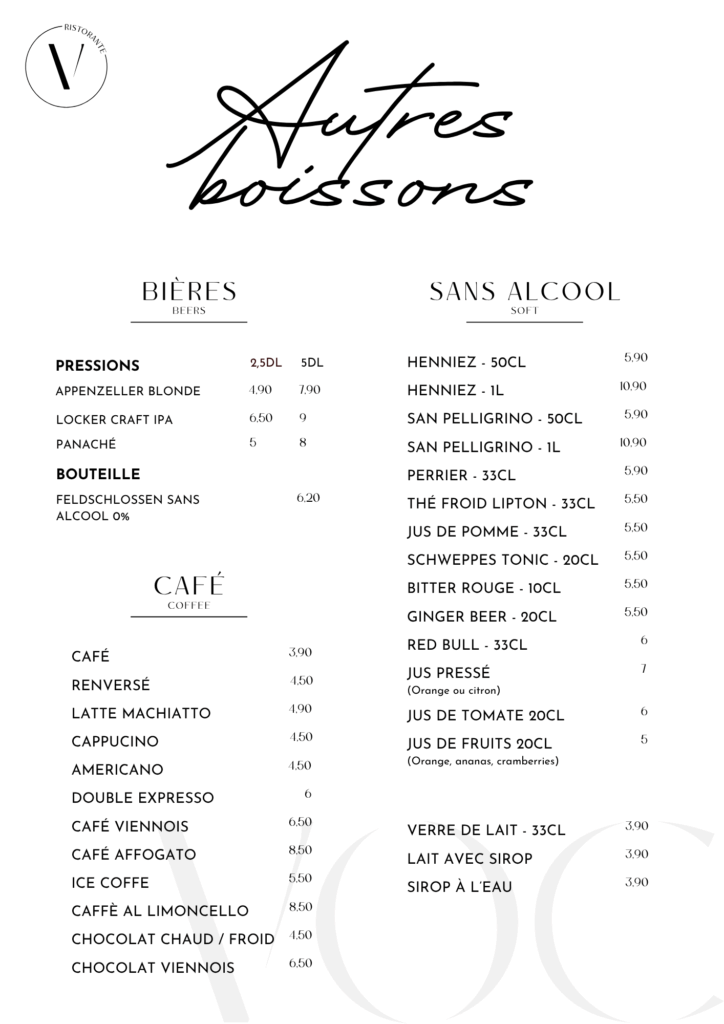 Carte des vins italiens cocktails et boissons Vino Olio Caffè