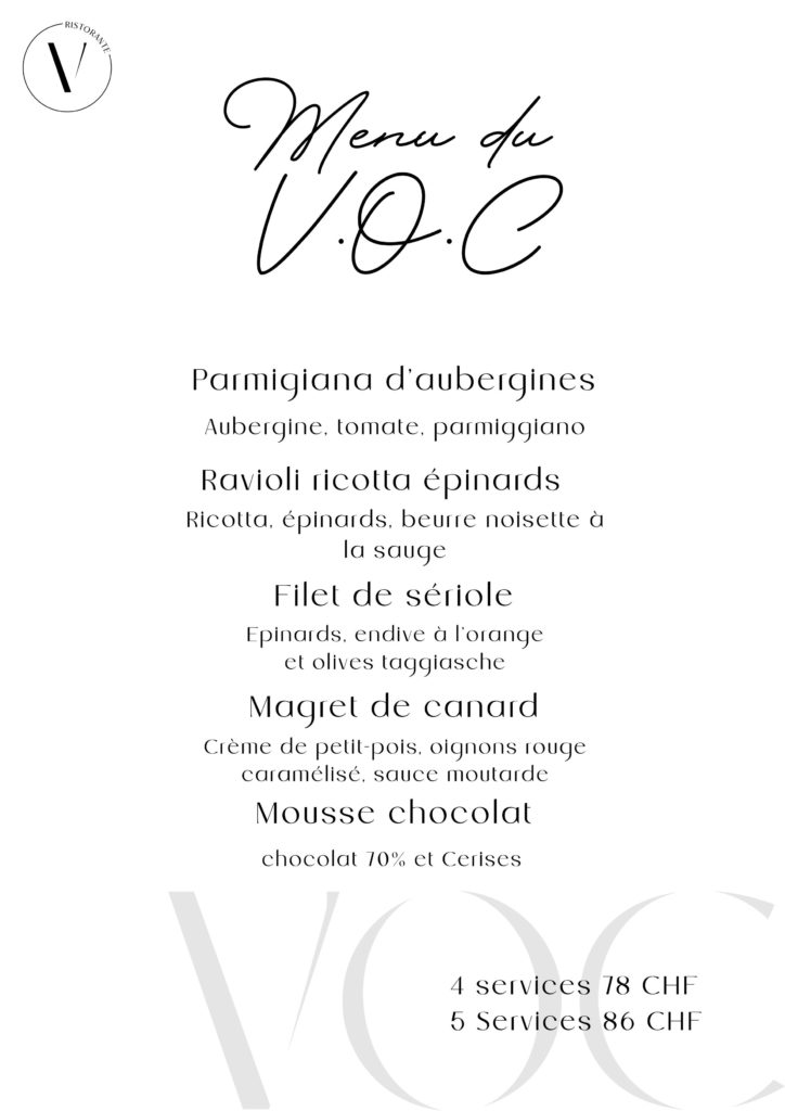 Menu signature du restaurant italien Vino Olio Caffè Genève