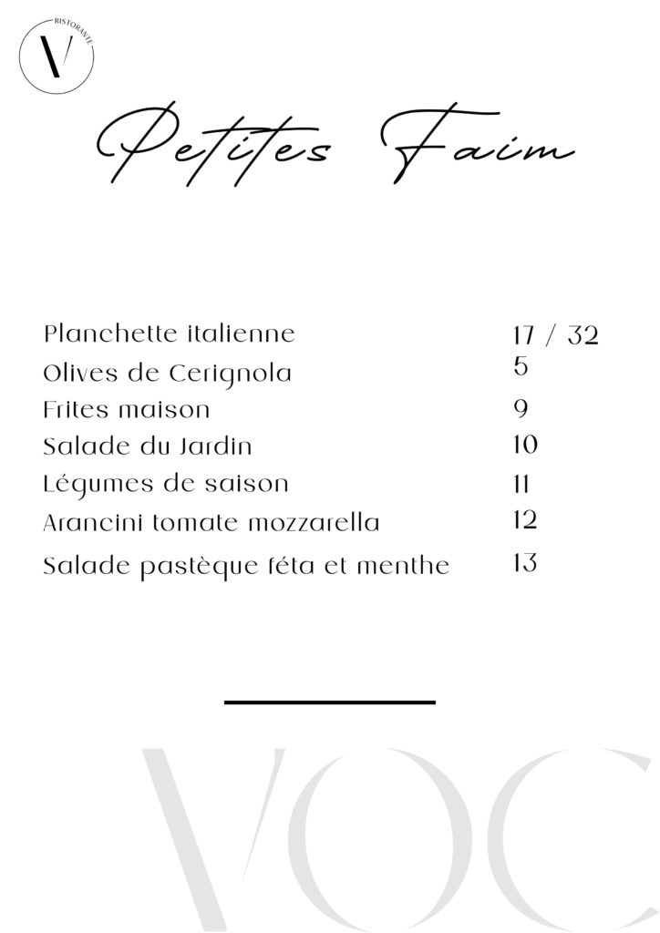 Carte petites faims planchette italienne et arancini Vino Olio Caffè