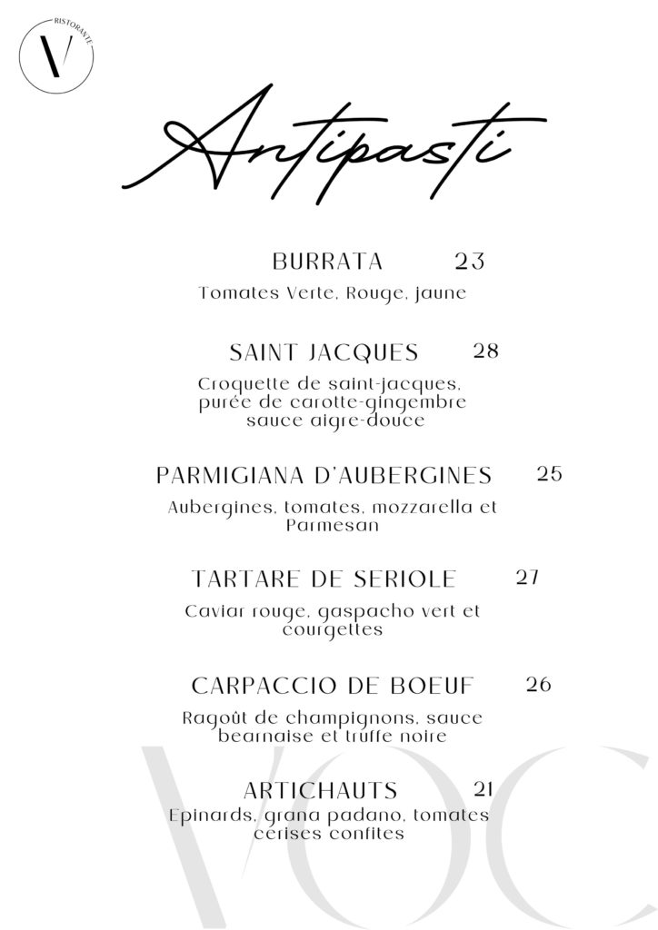 Entrées et antipasti italiens authentiques restaurant Vino Olio Caffè